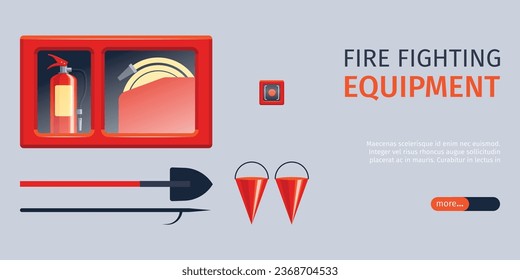 Fire extinguisher horizontal banner with editable text slider button and icons of different fire fighting equipment vector illustration