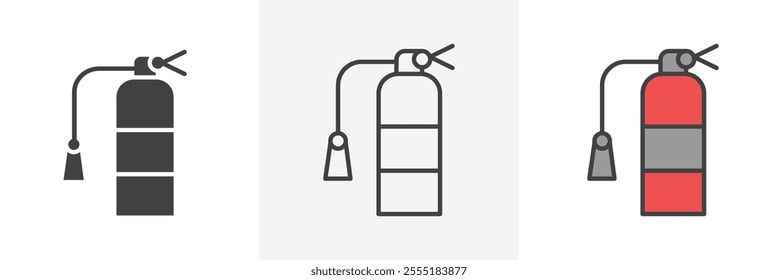 Fire extinguisher icon collection in black and colored style.