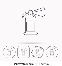 Fire extinguisher icon. Flame protection sign. Linear circle, square and star buttons with icons.