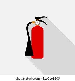 Fire extinguisher icon with long shadow on gray background, flat design style