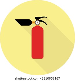 Feuerlöscher-Symbol mit langem Schatten auf gelbem Hintergrund, flacher Designstil
