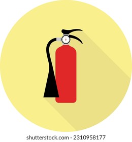 Fire extinguisher icon with long shadow on yellow background, flat design style