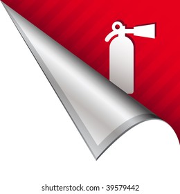 Fire extinguisher icon on vector peeled corner tab suitable for use in print, on websites, or in advertising materials.