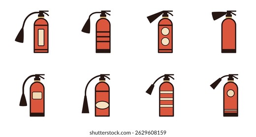 Fire extinguisher icon pack in simple modern style, featuring eight variations for fire safety visuals and infographics