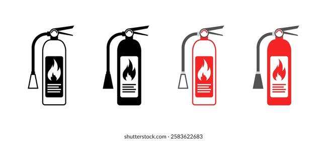 Fire extinguisher icon set in black and red on white background. Vector icon