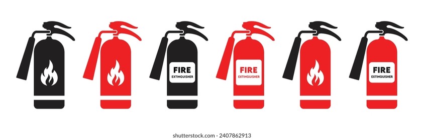 Juego de iconos de extinguidores de incendios, Herramientas de bomberos para la lucha contra las llamas en color negro y rojo, Ilustración vectorial	