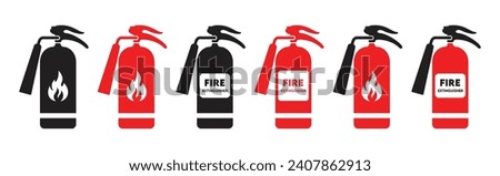 Fire extinguisher icon set, Firefighters tools for flame fighting attention in black and red color, Vector illustration	