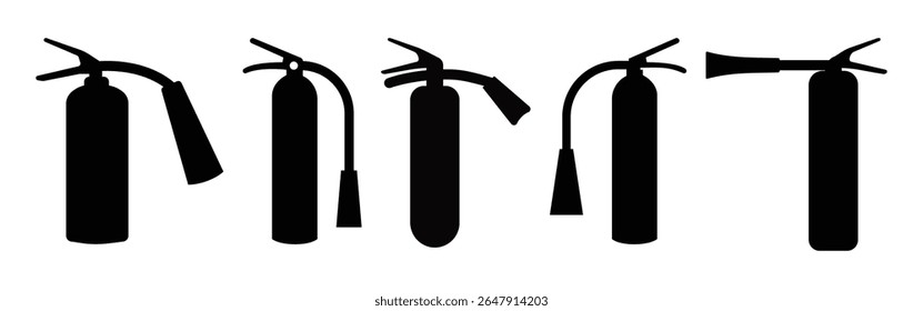 Fire Extinguisher Icon Set – Flat and Silhouette Vector Designs for Fire Safety and Protection.