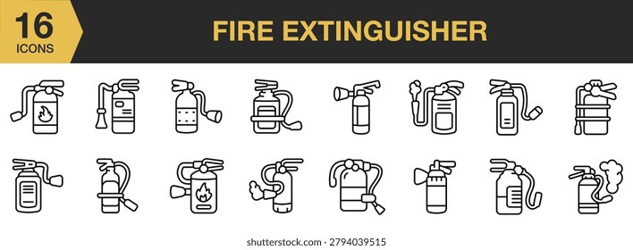 Fire Extinguisher icon set. Includes safety equipment, emergency response, fire protection, prevention tools, and more. Outline icons vector collection.