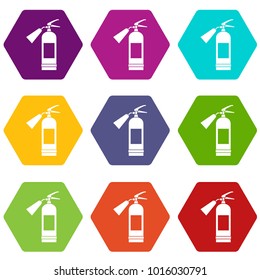 Fire extinguisher icon set many color hexahedron isolated on white vector illustration
