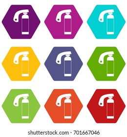 Fire extinguisher icon set many color hexahedron isolated on white vector illustration
