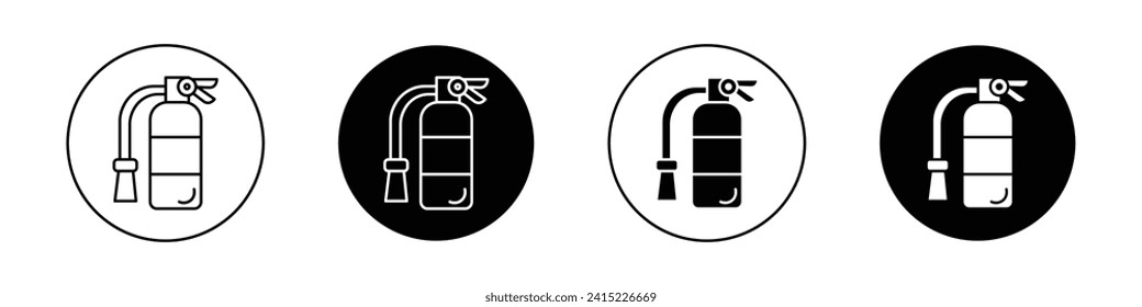 Juego de iconos del extinguidor de incendios. Símbolo vectorial de herramienta extinguida de incendios de seguridad en un estilo negro relleno y delineado. Signo de trazo de línea del pictograma de extinción de incendios.