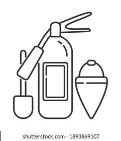 Vector de icono del extinguidor de incendios en el estilo de contorno. Se muestran elementos de fuego extinguido, pala, balde de bengala.