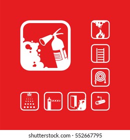 Fire extinguisher icon. White sign on the red background. Graphic pictograms. Exclusive symbols. Set of isolated vector icons.