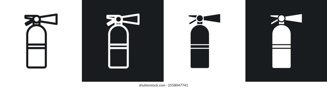 Fire extinguisher icons pack in black and white filled and outlined versions.