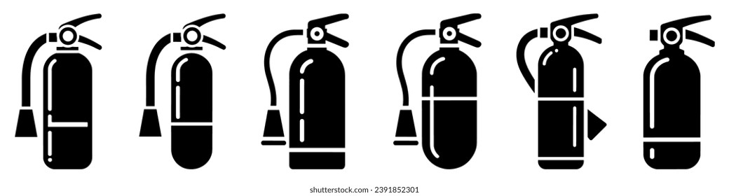 Fire extinguisher icons set. Black emergency fire extinguisher icon. Vector illustration