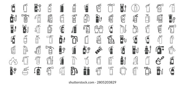 Fire extinguisher icons set, emergency safety equipment vectors, firefighter protection outline and glyph symbols collection, hazard sign prevention elements for web UI design
