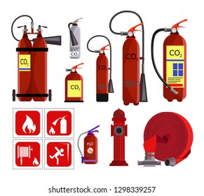 Fire extinguisher icons set. Flat icons on white background. Balloon, fire hydrant, water balloon. Fire service concept. Vector illustration can be used for topics like social service, danger, fire