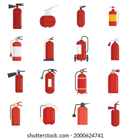 Iconos del extinguidor de incendios establecidos. Juego plano de iconos vectores del extintor de incendios aislados en fondo blanco