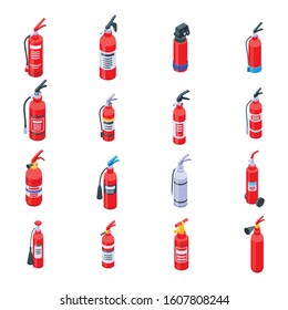 Fire extinguisher icons set. Isometric set of fire extinguisher vector icons for web design isolated on white background