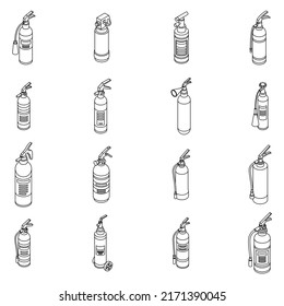 Fire extinguisher icons set. Isometric set of fire extinguisher vector icons outline isolated on white background