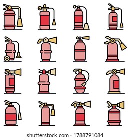 Fire extinguisher icons set. Outline set of fire extinguisher vector icons thin line color flat on white