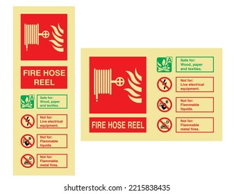 Fire Extinguisher Identification Fire Hose Reel Sign - International Fire Control and Safety Signs - Hose Reel Sign, Fire Extinguisher, Flammable liquids, metal fires, Spray, protection.