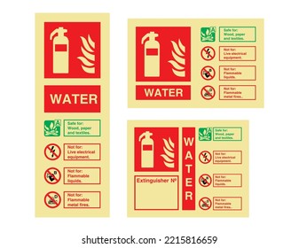 Fire Extinguisher identification Water Sign - International Fire Control and Safety Signs - Water, fire extinguisher, Liquid, Equipment, Flammable, emergency control service, identification signs.