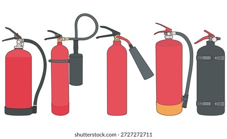 Pacote de ilustração de extintor de incêndio com vários tipos de extintores em estilo plano limpo, adequado para sinalização de segurança, industrial, local de trabalho, emergência e necessidades de projeto de prevenção de incêndio.