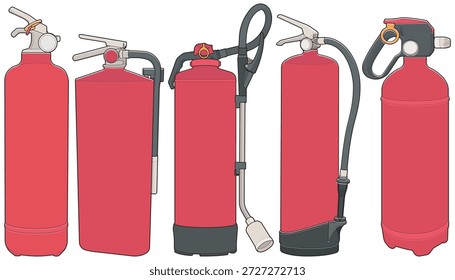 Paquete de ilustración de extintor de incendios con múltiples tipos de extintor en estilo plano limpio, adecuado para señalización de seguridad, industrial, lugar de trabajo, emergencia y necesidades de diseño de prevención de incendios.