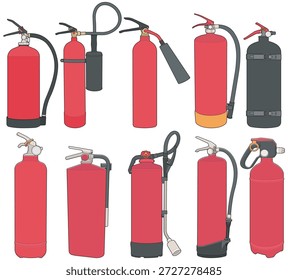 Pacote de ilustração de extintor de incêndio com vários projetos de extintor em estilo plano limpo. Adequado para materiais de treinamento de segurança contra incêndio, sinalização de emergência, manuais industriais, gráficos de segurança no local de trabalho e projeto de prevenção de riscos.