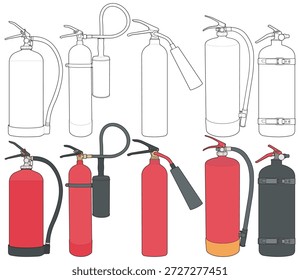 Pacote de ilustração de extintor de incêndio com vários tipos de extintores em ambos os estilos de contorno e colorido. Ideal para treinamento de segurança contra incêndio, instrução de emergência, sinalização de local de trabalho, manuais industriais e projetos de prevenção de riscos.