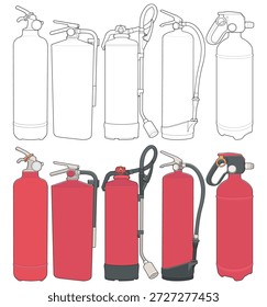 Pacote de ilustração de extintor de incêndio com vários tipos de extintores em ambos os estilos de contorno e colorido. Ideal para treinamento de segurança contra incêndio, instrução de emergência, sinalização de local de trabalho, manuais industriais e projetos de prevenção de riscos.