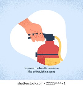 Fire extinguisher instruction. Character presses handle with his hand to release liquid to fight with large flame. Safety in buildings and premises, prevention. Cartoon flat vector illustration