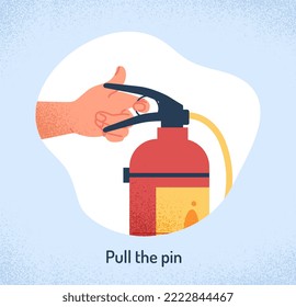 Fire extinguisher instruction. Character pulls out safety valve to use fire fighting agent. Safety and protection, prevention. Information and infographics concept. Cartoon flat vector illustration