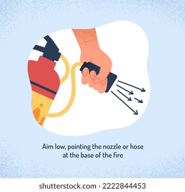 Fire extinguisher instruction. Point hose towards fire, safety and infographics. Information poster or banner for website. Emergency prevention, graphic element. Cartoon flat vector illustration