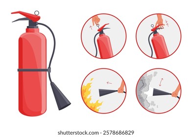 Fire extinguisher instruction. Fire prevention and extinguishing tips. Safety Information, poster or banner for website. Cartoon flat vector illustrations isolated on blue background