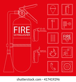 Fire extinguisher with instruction and set of fire emergency icons