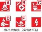  Fire extinguisher label vector set isolated. Flammable combustible materials classification. A, B, C, D, K signs. Fire class types. Extinguisher poster.