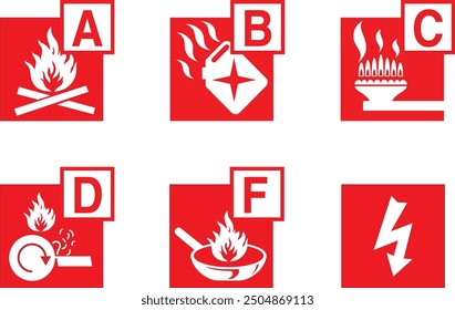  Feuerlöscher-Etikettenvektor-Set einzeln. Klassifizierung brennbarer Brennstoffe. A, B, C, D, K Zeichen. Brandklassentypen. Löschplakat.