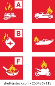  Fire extinguisher label vector set isolated. Flammable combustible materials classification. A, B, C, D, K signs. Fire class types. Extinguisher poster.