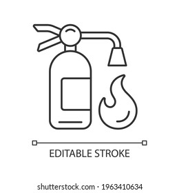 Fire extinguisher linear icon. Equipment to put out flames. Nozzle, hose for foam. Fire safety. Thin line customizable illustration. Contour symbol. Vector isolated outline drawing. Editable stroke