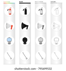 Fire extinguisher, megaphone, protective gas mask,hook. Fire Department set collection icons in cartoon black monochrome outline style vector symbol stock illustration web.