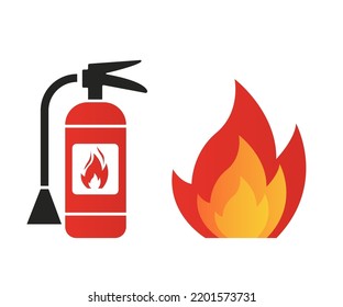 A fire extinguisher near which a fire is burning. Vector illustration