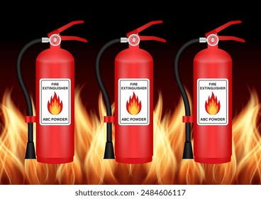 Fire Extinguisher on Burning Fire Background. Vector Illustration. 