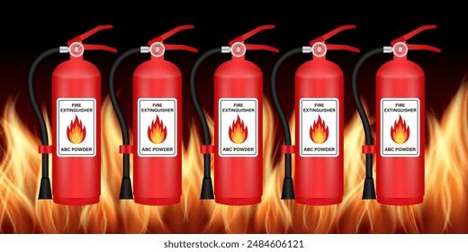 Extintor de incendios sobre fondo de fuego ardiente. Ilustración vectorial. 
