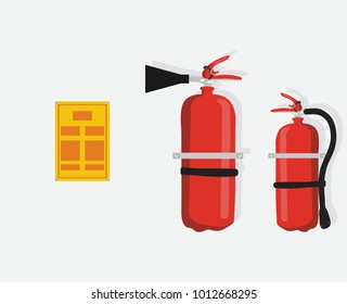 Fire extinguisher on the gray wall.Two Fire extinguisher, isolated on white background.Instruction for use