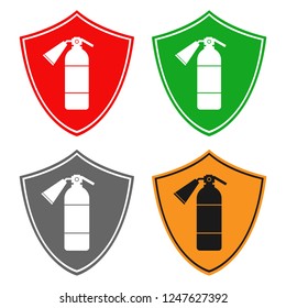 Fire extinguisher on shield. Icon set. Vector.