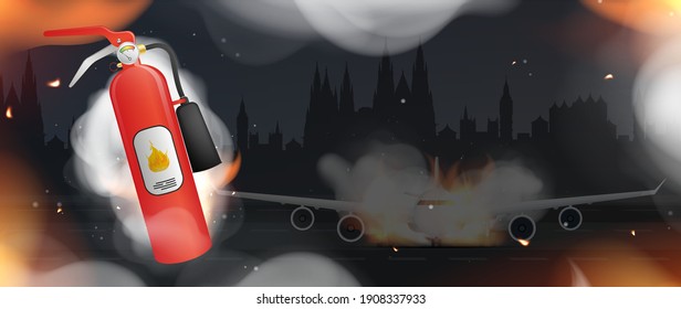 Feuerlöscher in Brand und Rauch. Brennendes Flugzeug im Hintergrund. Design-Icon zum Thema Brandschutz. Vektorgrafik.