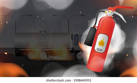 Extintor de incendios en llamas y humo. Quemando auto en el fondo. Icono de diseño sobre el tema de la seguridad contra incendios. Ilustración vectorial.